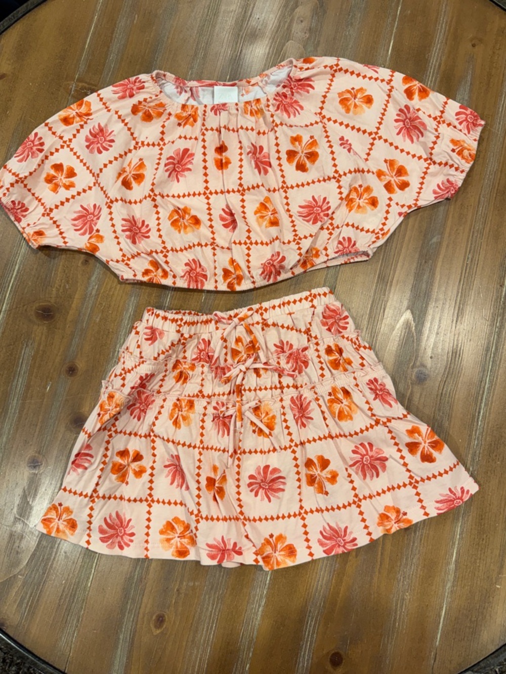 Zara Kids Tropical Floral Skirt Set Girls Size 6–7 Pink Orange Cotton Outfit NWT